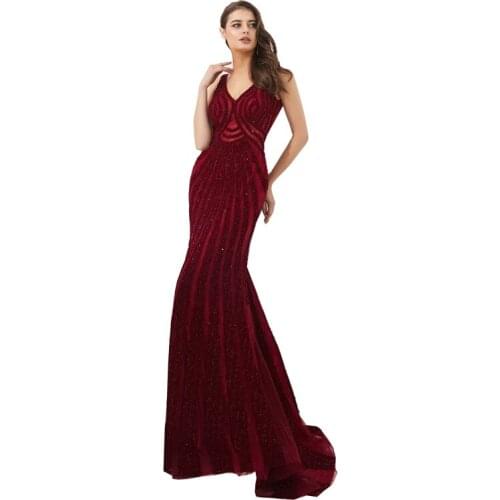 Luxury V-Neck Sleeveless Wine Tulle Sequined Mermaid Prom Dress Evening Gown Robe de soiree Fishtail Vestido de noche 70303