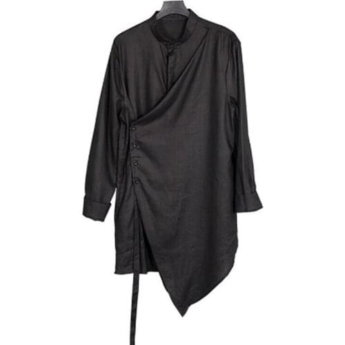 Spring summer irregular design cotton linen men shirt black white long sleeve shirts man vintage punk streetwear blouse