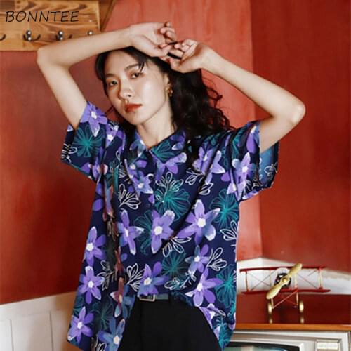 Shirts Women Vintage Summer Stylish Floral Purple Hong Kong Style Turn-down Collar Harajuku All-match Tops College Cool Ins