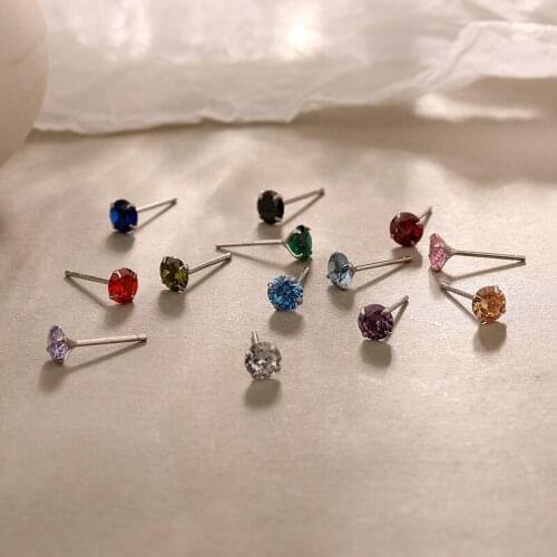 3MM-7MM Authentic 925 Sterling silver Colored 4-Prong Solitaire 4A+CZ birthstone Piercing Ear Stud earrings jEWELRY C-E007