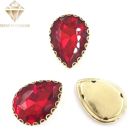 10X14/13x18mm red glass crystal sew on rhinestones water drop gold bottom lacy shape claws 20pcs/pack Diy clothing accessories