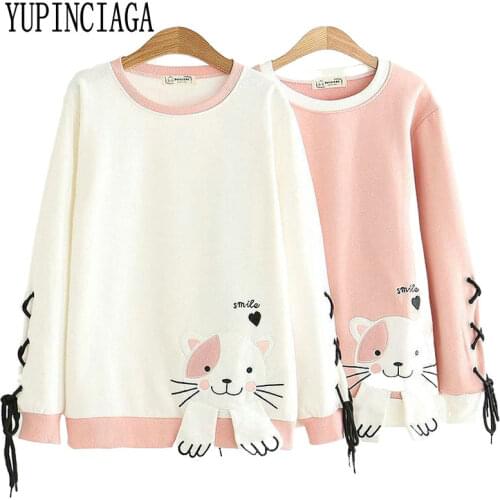 Womens Cat Embroidery Hoodies Sweatshirt Long Sleeve O-Neck Patchwork Tracksuit 2020 Spring New Girl Loose Casual Pullovers