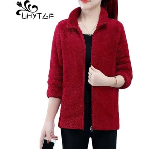 UHYTGF Elegant Mother Plus Size Jacket Coral Fleece Casual Warm Autumn Winter Coat Womens Korean Wild Loose Short Outerwear 1264