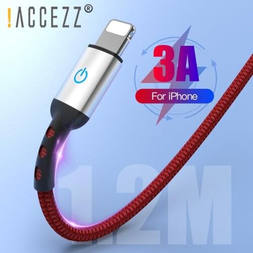 !ACCEZZ 1.2m USB Cable 3A Fast Charging For iPhone 12 11 XS Pro Max X 8 7 6 Plus With LED Light Phone Charge Lighting Cable Cord