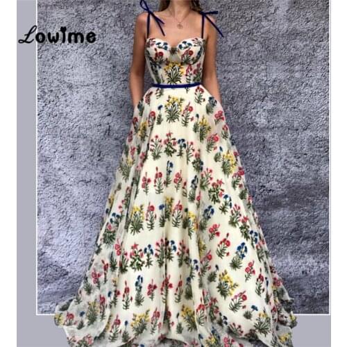 Spaghetti Straps Floral Pattern Evening Party Dresses Dubai Turkish Evening Dresses Prom Gowns 2018 Arabic Vestido De Festa