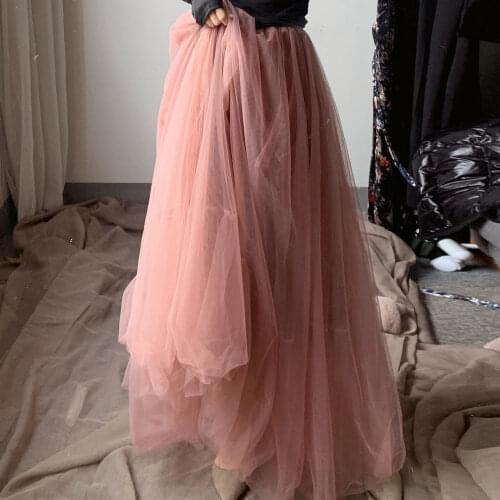 2021 big swing skirt fairy to ankle long fluffy gauze skirt long skirts for women Solid A-LINE Lace empire Casual Cotton