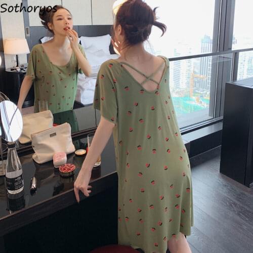 Sleepshirts Women Nightgowns Sleepwear Criss-cross Soft Modal Thin O-neck Print Stylish Leisure Korean Womens Plus Size 2XL Chic