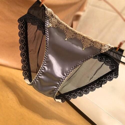 Sexy Satin Lace Panties Lingerie Women Low-rise Transparent Sheer Briefs Underwear Tempting Shiny Satin Panties