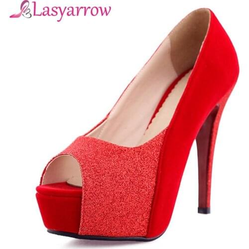 Lasyarrow Wedding Shoes Women Pumps Sexy High Heel Round Toe Platform Shoes Ladies Gladiator Party Shoes Black Red Shallow RM571