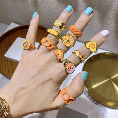 2021 New Vintage Colorful Dripping Oil Transparent Heart Double Layer Metal Rings Geometry for Women Couple Ring New Jewelry