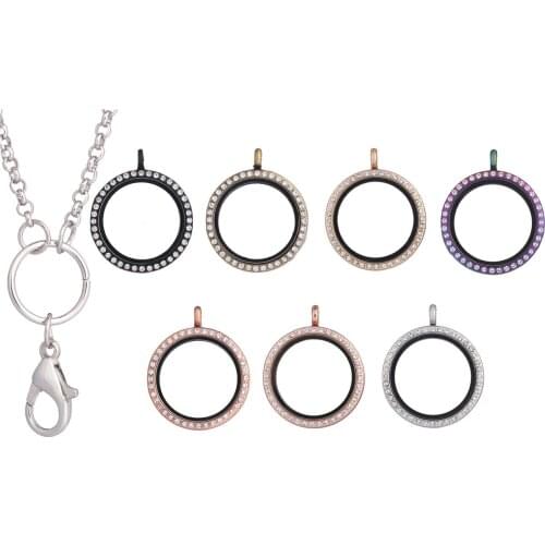 1pcs 30MM 7 Colors Round sparkling Alloy Magnetic Glass with Rhinestone Lockets Floating Charms necklace Jewelry Free Chains
