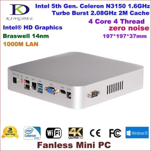 5th Gen. 14mn Quad Core CPU,Celeron N3150 Intel Braswell,Barebone,Intel NUC,Fanless Mini PC,HTPC,HDMI+VGA+USB3.0,3Years Warranty