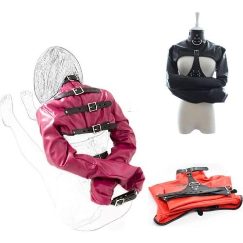 CamaTech PU Leather Body Bondage Strait Jacket With Handcuffs Open Breast Bondage Arm Binder Hands Restraint Harness Aduld Games