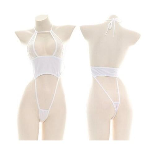 White Underwear Swimwear Sexy Lolita Girl High Slit Half Open Swimsuit One Piece Pajamas Sukumizu Private Bodysuit White Half