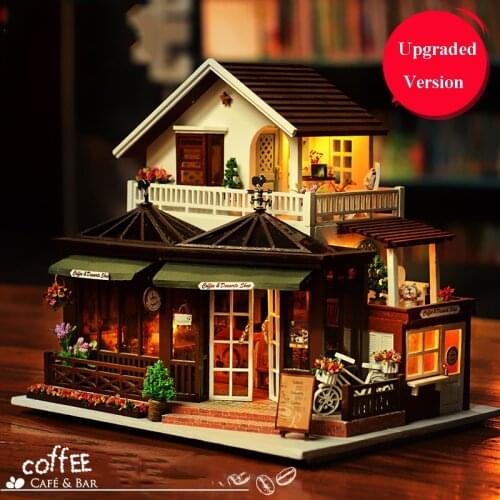Large Coffee Wooden Doll House Manual Assembling Model Toys Diy Wooden Hut House With Led Light Music Small Tools Birthday Gift