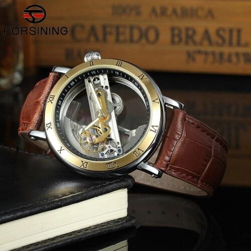 Forsining Top Brand Luxury Self Wind Automatic Mechanical Watches Men Rose Gold Case Genuine Leather Skeleton Watches relogio