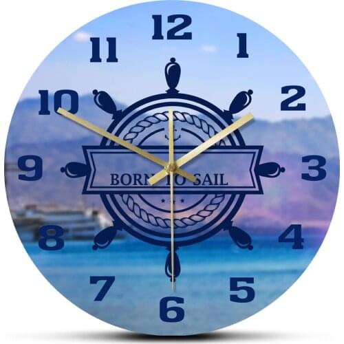 Steering Wheel Modern Printed Acrylic Wall Clock Nautical Vessel Sailing Adventure Anchor Non Ticking Hanging Home Decor Watch