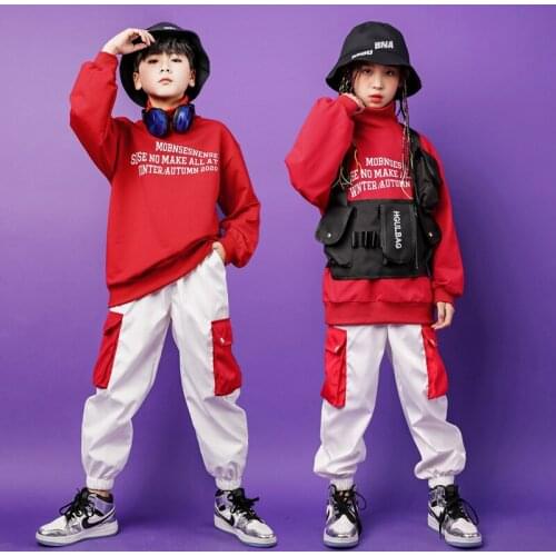 Kids Hip Hop Clothing Red Loose Turtleneck Sweatshirt Tops Tactical Cargo Pants For Girls Boys Dance Costume Clothes Street Wear