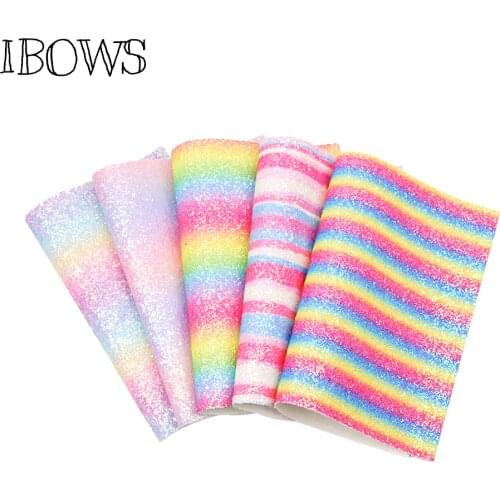 IBOWS 22*30cm Rainbow Glitter Synthetic Leather Chunky Glitter Sheet Bow Fabric for Wedding Decoration DIY Bags Shoes Materials