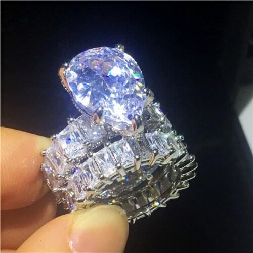 Vintage Real 925 Sterling Silver ring sets Water Drop 8ct AAAAA Cz Engagement wedding band rings For women men Party Jewelry