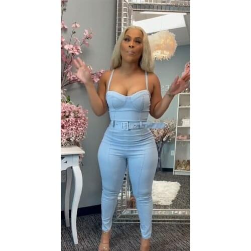 Spaghetti Strap Denim One Piece Overall for Women Cleavage Sleeveless Full Length Jumpsuit Early Autumn Female Bodycon Rompers