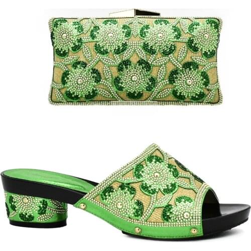 Latest Green Color Nigerian Party Shoe and Bag Sets Italian Shoes and Bags To Match Shoes with Bag Set Decorated with Rhinestone