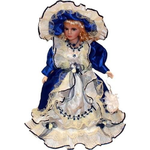 40cm Victorian Porcelain Doll Splicing Doll Wearing Blue Party Dress Collectible