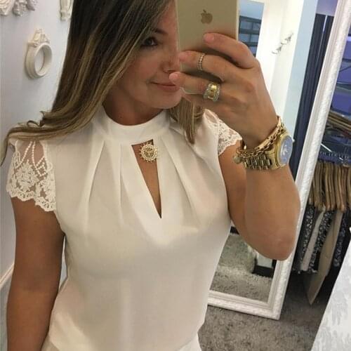 Summer Women Chiffon Blouses Stand Collar Lace Short Sleeves Elegant Ladys Shirts Lace Patchwork Blouse Sexy Shirts