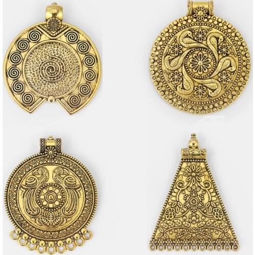 2PCS Antique Gold Large Round Tribal Bohemian Boho Medallion Trapezoid Charms Pendants Connectors for Necklace Making Jewelry