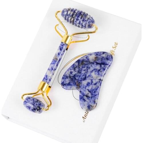 Natural Sodalite Face Lifting Massage Tool Guasha Board Facial Massager Skin Care Gua Sha Scraper Jade Roller Set