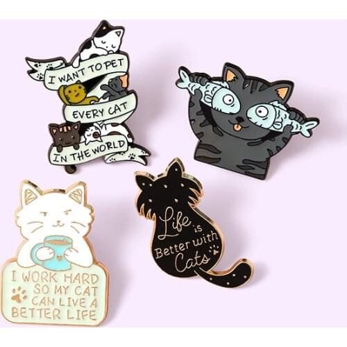 2021 New Arrival I Want To Pet Cat Eat Fish Cat Enamel Pendant Cartoon Children Animal Background Cat Badge Jewelry Gift