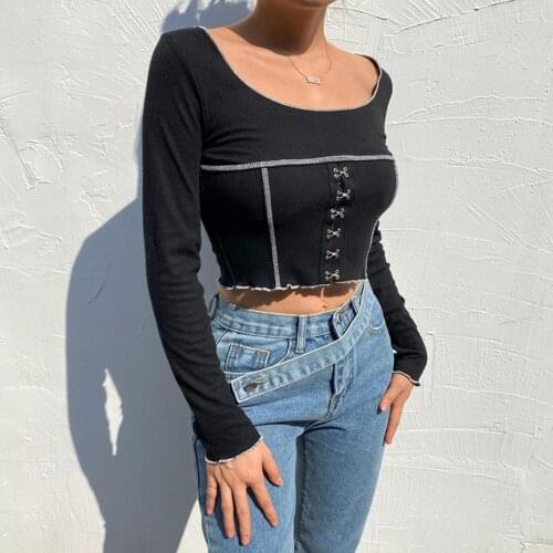 Autumn Women Sexy Long Sleeve O Neck Buckle Crop Top Slim Button Blouse T-shirt Elegant Women Autumn Female Shirts Clubwear