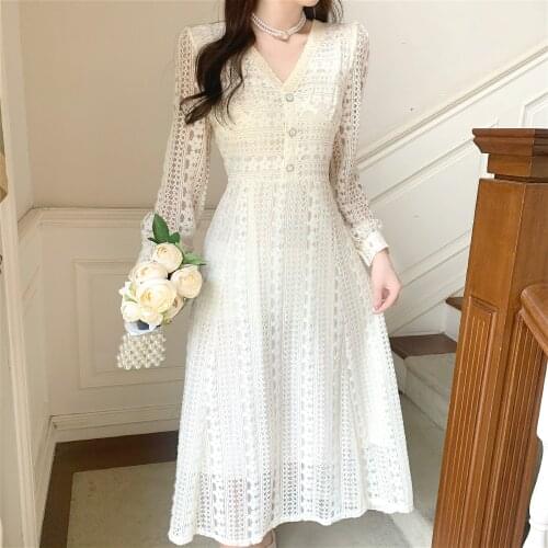 French Fairy Elegant Dress Women Casual One-piece Dress Korean Long Sleeve V-neck Evening Party Vintage Dress Female 2020 Autumn