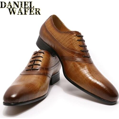 Luxury Hand made Leather Shoes Oxford Fashion Crocodile Skin Printed Lace up Brown Black Wedding Office Formal Shoes Leather Men