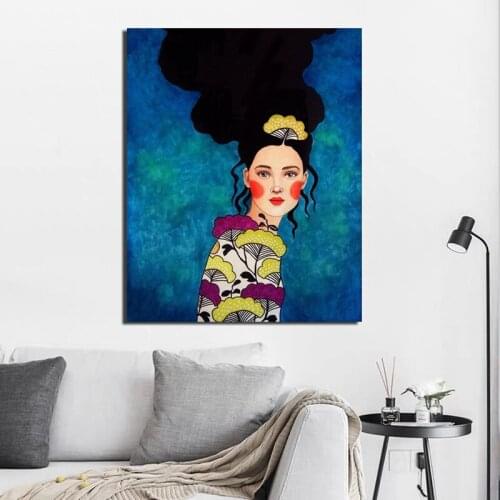 Nordic Poster Blue Background Illustration Girl Canvas Poster Prints Wall Art Painting Decorative Picture Modern Home Decoration