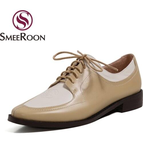 Smeeroon 2021 big size 33-42 casual single shoes genuine leather comfortable ladies shoes fashion lace up spring women pumps