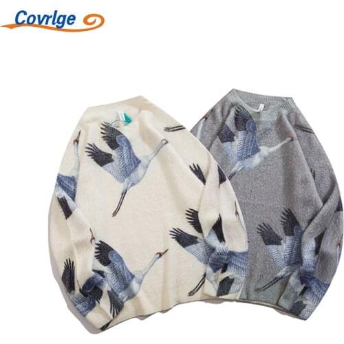 Covrlge Sweater Mens New Autumn Teenager Crane Print Pattern Couple Trend Hedging All-match Knit Vintage Sweater WZM001