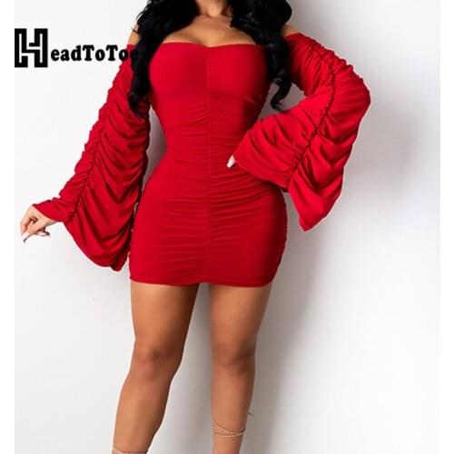 Solid Pleated Draped Sexy Party Bodycon Dress Long Sleeve Strapless Flare Sleeve Above Knee Skinny Dress Women