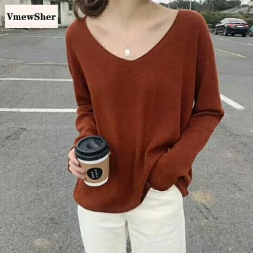 VmewSher New V-neck Pullover Sweater Women Spring Solid Knitted Casual Loose Soft Bottoming Female Basic Long Sleeve Jumper Tops