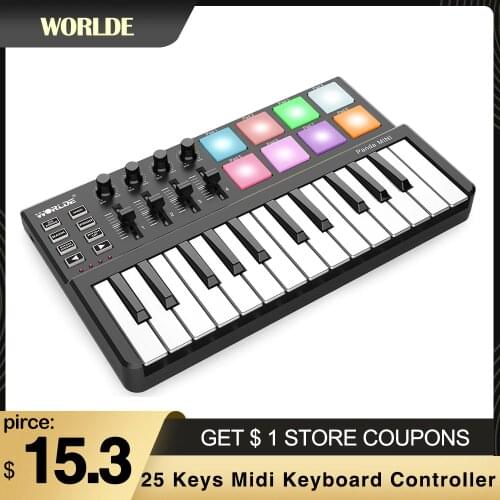 WORLDE 25 Keys Midi Keyboard Controller 25-Key USB MIDI Controller 8 RGB Backlit Trigger Pads 6.35mm Pedal Jack Keyboard Piano