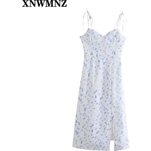 XNWMNZ Elegant Sexy leopard print white midi Summer dress woman Camisole backless Split party dress women vestidos 2021 Robe
