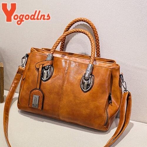 Yogodlns Brands Shoulder Bag Female Oil Wax Leather Handle Bag Vintage Crossbody Bag Multi-pocket Handbag Large Capacity Mom Bag
