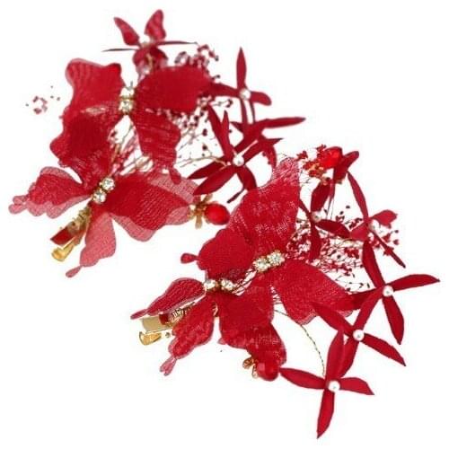 1 Pair Red Butterfly Flower Side Hair Clip Headdress Crystal Rhinestone Hair Clips Barrette Elegant Womens Hair Accessories