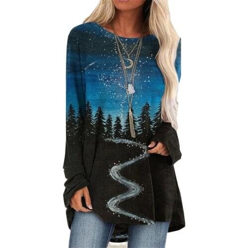 Womens Fashion Round Neck Long Sleeve Tops Casual Mountain Forest Scenery Print T-Shirts