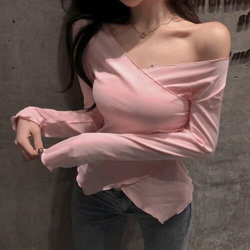 2019 Autumn New Women Fashion T-shirt V-neck Off Shoulder Long Sleeve Sexy Slit Tee Shirt Women Tops Camiseta Mujer