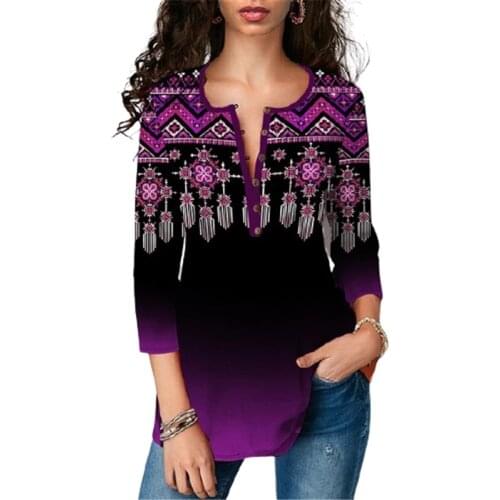 S-5XL Plus Size Retro Printed Women T-shirts Spring Summer New 2021 Three Quarter Loose Tops Shirts Casual V-Neck Tshirt Vintage