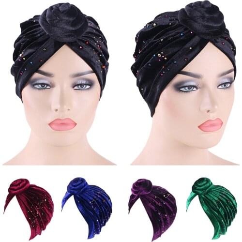 Women Turban Velvet Pleated Knot Cap Bonnet Indian Elastic Headwrap Glitter Muslim Cancer Chemo Hat Hair Loss Cover Rhinestone