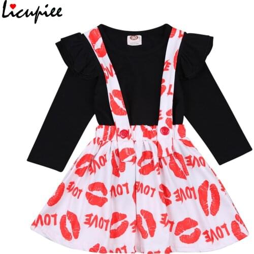 1-6 Years Girls Valentines Day 2pcs Clothes Set, Solid Color Long Fly Sleeve Tops with Printed Suspenders Skirt Spring