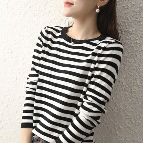 100% Pure Cotton Woman Sweater 2020 New Autumn Womens Clothing O-Neck Long Sleeve Casual Basic Jumper Ladies Stripe Tops S-XXL