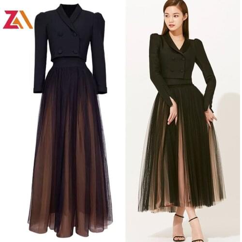 ZALady autumn solid long sleeve split tops coat mesh midi skirts slim elegant office two piece set suit chic womens sets female